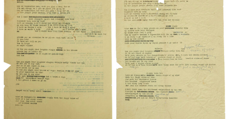 Read more about the article Bob Dylan’s Draft of Lyrics, Once Tossed in Trash, Sells for $500,000